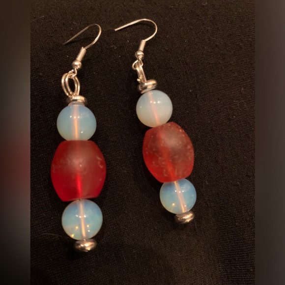 Vintage Red Glass & Opalite Bead earrings.  Hand Crafted - Hanging Length 2.5” - Picture 1 of 2